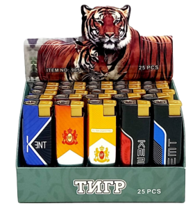 Зажигалка "Тигр" металл с фонариком, 25шт (ЦЕНА ЗА 25ШТ) микс