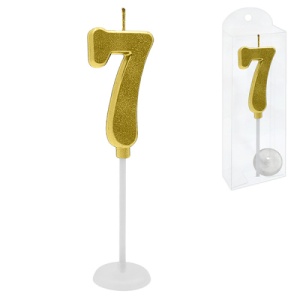 Свеча для торта ЦИФРА 7, золото, 2*4*0,5см, на палочке с подставкой, пластиковая упаковка 