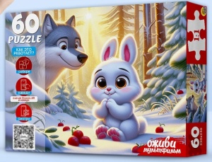 Пазлы 60 элементов. "ЗАЙКА БЕЛЕНЬКИЙ" 20*14см, оживи мультфильм, в кор