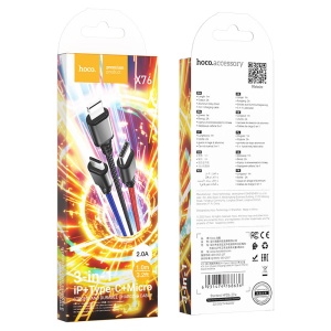 Кабель HOCO X76 3в1 MicroUSB+Lightning+Type-C, 2А, тканевая оплетка, 1м, черный/красный/синий