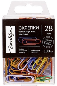Скрепки " Глобус " 28мм металл цветные 100скр. пластиковый бокс
