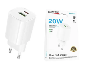 Адаптер сетевой Borofone BA104A, 1Type-C, 1USB, 3A, PD+QC3.0, 20Вт (белый) в кор.