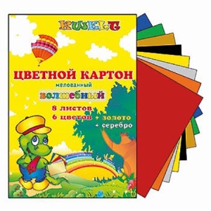 Картон цветной А4 мелованный 8л 8цв золото+ серебро, в папке