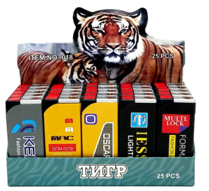 Зажигалка ТИГР турбо джет "Сигареты" 25шт (ЦЕНА ЗА 25ШТ) микс