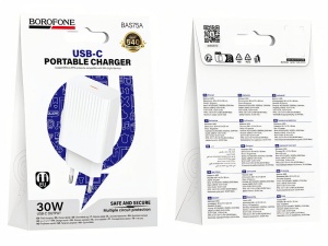 Адаптер BOROFONE BAS75A, 1Type-C, 3A, PD, 30Вт, белый, в кор.