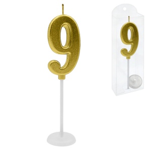 Свеча для торта ЦИФРА 9, золото, 2*4*0,5см, на палочке с подставкой, пластиковая упаковка 