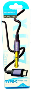 Кабель AUX - Type-C-3.5мм, Maimi Y16, нейлон, 1.2м (черный) в кор.