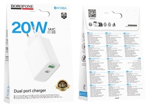 Адаптер сетевой Borofone BA106A, 1Type-C, 1USB, 3A, PD+QC3.0, 20Вт (белый) кор.