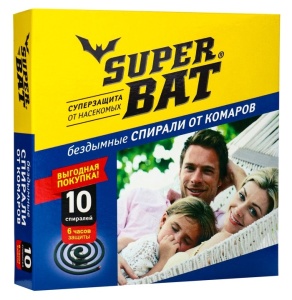 Спирали от комаров SuperBat, 10ш, тчерные, бездымные, 6 часов защиты, в кор.