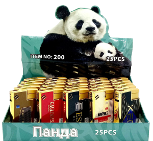 Зажигалка Панда, Турбо 25шт (ЦЕНА ЗА 25ШТ) зол. с рис. сигареты микс