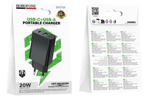 Адаптер сетевой, Borofone BAS74A 1USB+1Type-C 20W PD3.0 черный, в кор.