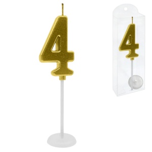 Свеча для торта цифра  4, золото, 2,5*4*0,5см, на палочке, пластиковая упаковка 9,5*3*1см, 