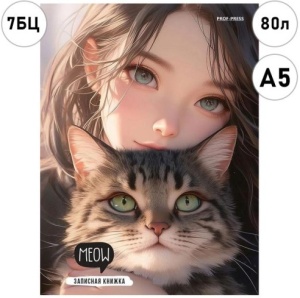 Записная книжка А5 7БЦ 80л БЕЗ ЛИНОВКИ "Проф-Пресс" Девушка и кот, обл. глянц. лам. карт. сшивка лен