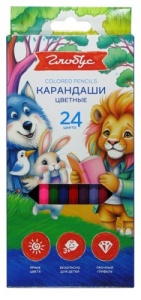 Карандаши "Глобус" 24цв, шестигранные, деревянные картонная упаковка, европодвес