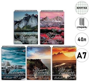 Блокнот МАЛЫЙ ФОРМАТ А7 40л КЛЕТКА (ЦЕНА ЗА 10ШТ) спираль "Альт" Природа, лам.карт, микс