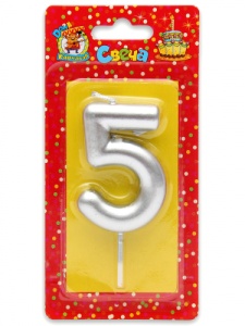 Свеча для торта Серебряная Цифра 5, 14*6,5см, блистер
