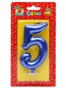 Свеча для торта Цифра "5", Синий металлик (большая), 19смх2смх10см, блистер 