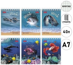 Блокнот МАЛЫЙ ФОРМАТ А7 40л КЛЕТКА (ЦЕНА ЗА 6ШТ) спираль "Hatber" Подводный мир, мел.карт, микс