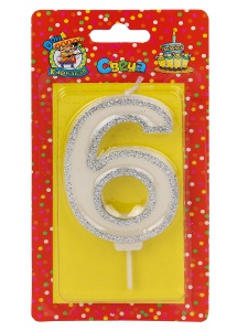 Свеча для торта Цифра 6, с серебряной окантовкой (глиттер) 14*7см
