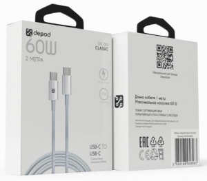 Кабель Type-C - Type-C, Depod DC-001, 60Вт, силиконовый, 2м (белый) в кор.