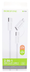 Кабель USB Borofone BX104, Type-C to Type-C/Lightning, 2 в1, 1м (белый)	