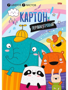 Цветной картон КОМПАНИЯ ЗВЕРЯТ А4, 7 л, 7 цв, односторонний, перламутровый