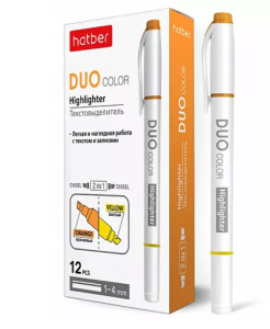 Текстовыделитель "Hatber" Duo двухцветный (ЦЕНА ЗА 12ШТ) оранжевый/желтый 1-4мм, круглый корпус