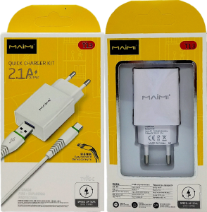 Адаптер Maimi T13, 1USB, 2.1A, + 1м кабель Type-C, цв.белый, в кор.