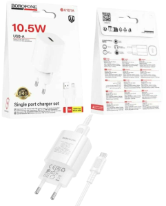 Адаптер сетевой BOROFONE, 76*34*34мм, 1USB-A, 1Micro USB, 10,5W, цв. белый, подвес, в кор