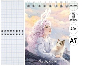 Блокнот МАЛЫЙ ФОРМАТ А7 40л КЛЕТКА (ЦЕНА ЗА 5ШТ) 110*80мм, спир."Феникс" Девушка на крыше, микс