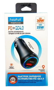 АЗУ FaizFull FZ40, 1Type-C, 1USB, 3A, 6,5х2,5см, PD30W+QC4.0, 25-30Вт, металл (черн) в кор.