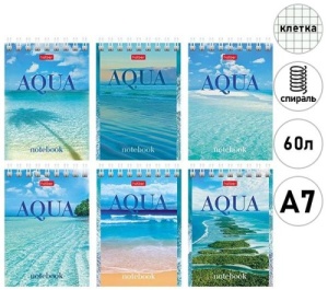 Блокнот МАЛЫЙ ФОРМАТ А7 60л КЛЕТКА (ЦЕНА ЗА 10ШТ) спир."Hatber" Aqua, мел. карт, микс