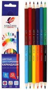 Карандаши "Луч" Классика 6шт./12цв. двухсторонние, шестигранные, деревянные, карт. уп. европодвес