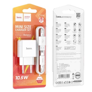 Адаптер Hoco C106A, 1USB, 2.1A, + кабель MicroUSB, 1м, цв. белый