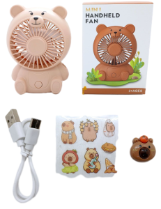 Вентилятор Мишка 13*9см (с type-c, наклейками, фигурка) микс, в кор.