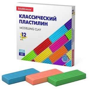 Пластилин Erich Krause Basic 12цв, 192г, со стеком, картонная коробка, индивидуальная упаковка бруск