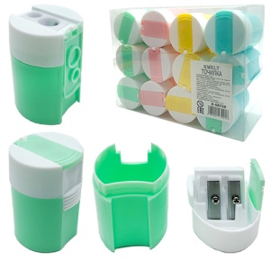 Точилка пластиковая Pot pastel (ЦЕНА ЗА 12ШТ) 2 отверстия, с контейнером, микс
