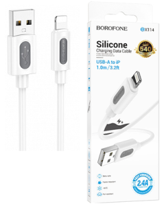 Кабель USB - Lightning, Borofone BX114, силиконовый, 2,4A, 1м (белый) в кор.
