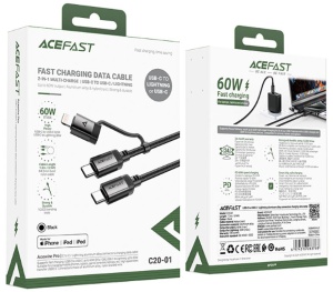 Кабель USB Acefast C20-01 Aluminum Type-C to Type-C/Lightning 60Вт нейлон, 1,2м (черный)