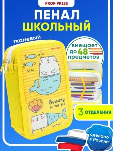 Пенал 3-секц, большой, 190х115мм, печать на ткани КОТИК-РУСАЛКА 