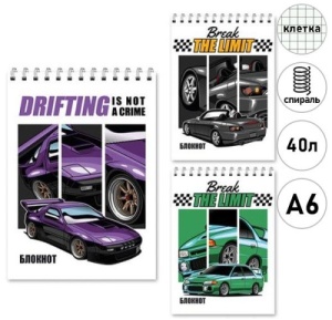 Блокнот МАЛЫЙ ФОРМАТ А6 40л КЛЕТКА, (ЦЕНА ЗА 6ШТ) спираль, "Mazari" Drifting авто, картон, микс