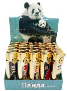 Зажигалка турбо, Панда, 25шт (ЦЕНА ЗА 25ШТ) рис. Сигареты, зол., микс