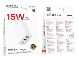 Адаптер сетевой Borofone BA105A, 1Type-C, 2USB, 3A, PD+QC3.0, 15Вт (белый) в кор.