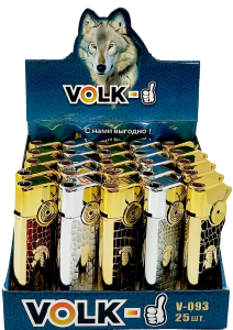 Зажигалка турбо "Volk" 25шт (ЦЕНА ЗА 25ШТ) зол. / сер., Крокодил, в кор.